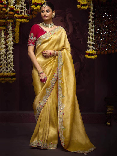 Lovely Mustard Yellow Embroidered Kanjivaram Silk Haldi Wear Saree